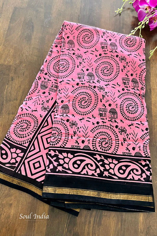 Chanderi Cotton Silk  Warli  Print Saree - Pink