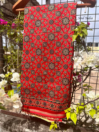 Chanderi Cotton Silk Ajrakh Print Saree - Red