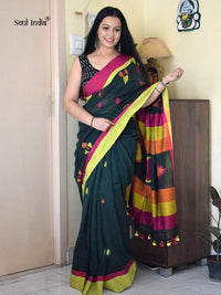 Handloom Khadi Cotton Saree With Woven Design - Bottle Green