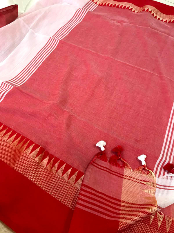 Handloom Khadi Cotton Saree With Woven Border- White