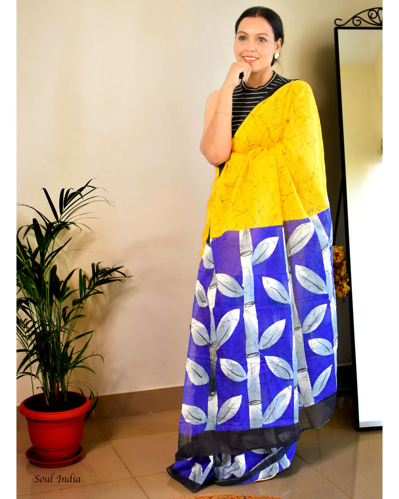 Mulmul Cotton  Batik Print Saree - Yellow