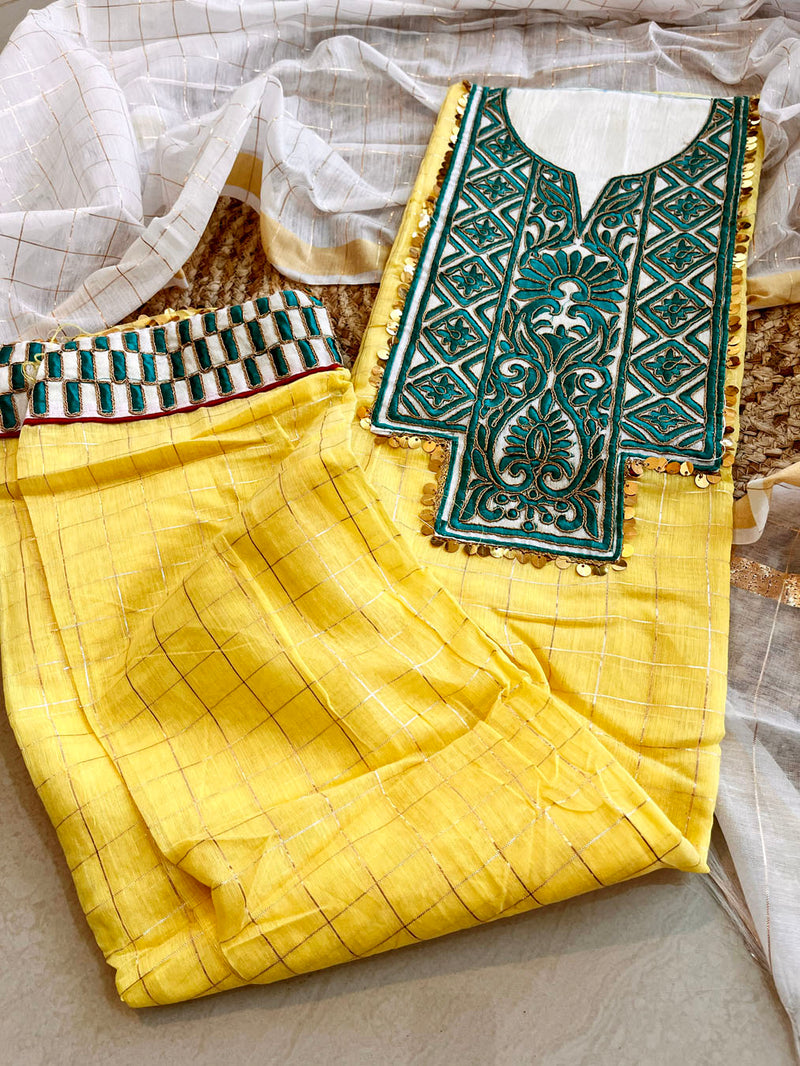 Semi Cotton With Embroidery Suit Piece -Yellow