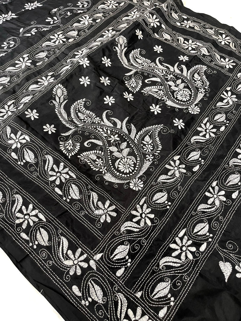 Shantiniketan Hand Embroidery Kantha Stitch Saree - Black