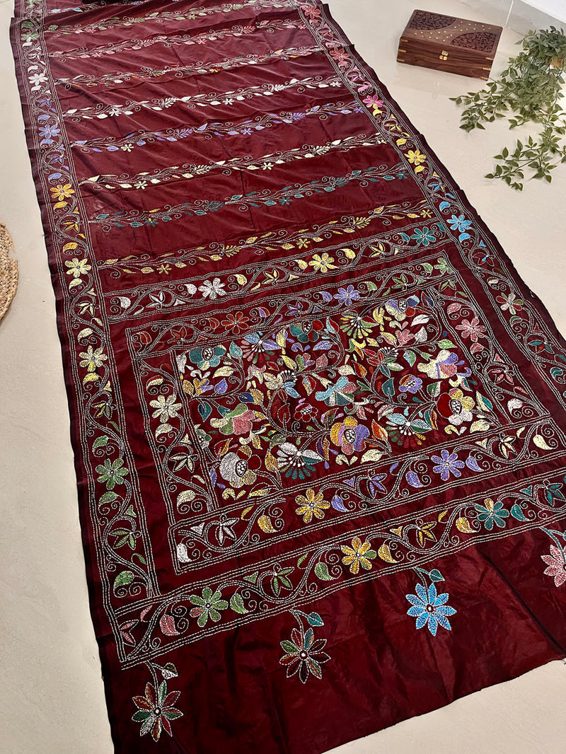 Shantiniketan Hand Embroidery Kantha Stitch Saree - Maroon