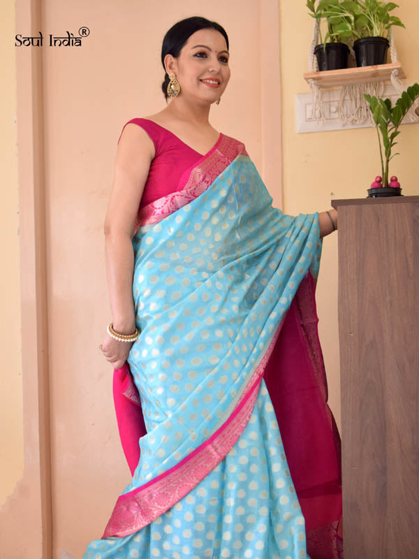 Semi Georgette Benarasi Work Saree - Blue & Pink