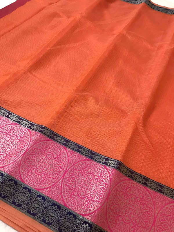 Handloom Kota Doria With Zari Work- Orange & Pink