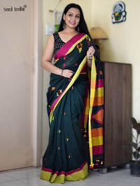 Handloom Khadi Cotton Saree With Woven Design - Bottle Green