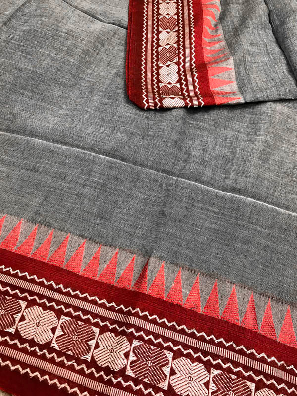 Handloom Khadi Cotton Saree With Woven Border-Grey