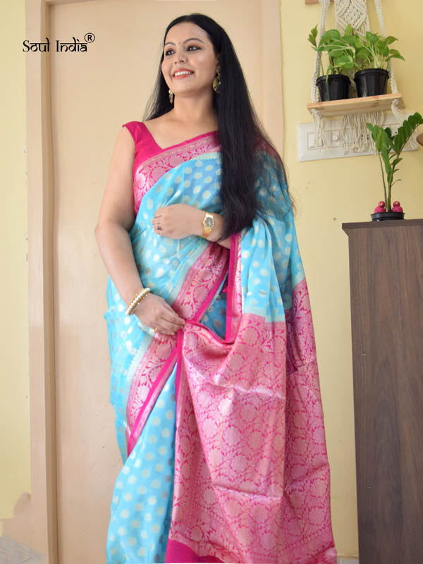 Semi Georgette Benarasi Work Saree - Blue & Pink