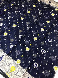 Jamdani Saree with all over Floral work- Deep Blue