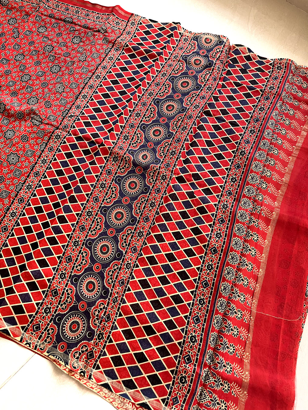 Chanderi Cotton Silk Ajrakh Print Saree - Red