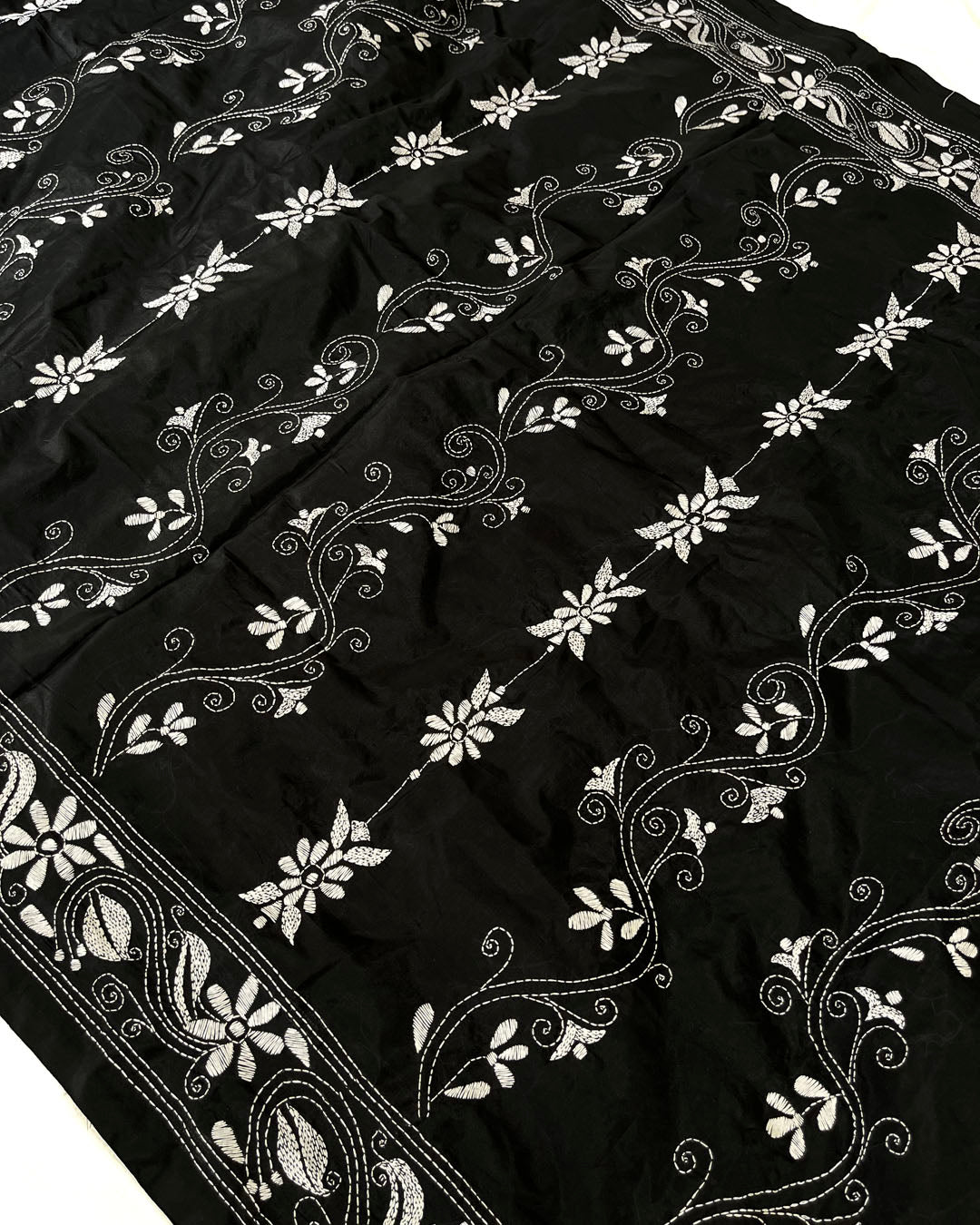 Shantiniketan Hand Embroidery Kantha Stitch Saree - Black