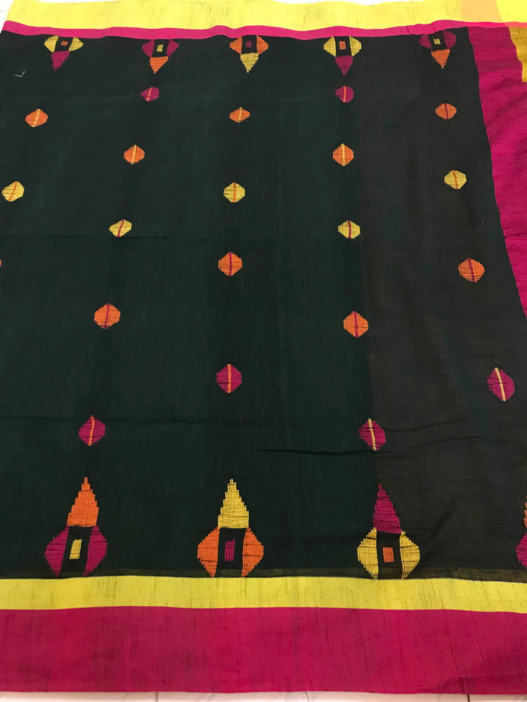 Handloom Khadi Cotton Saree With Woven Design - Bottle Green