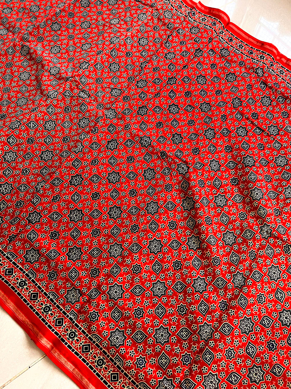 Chanderi Cotton Silk Ajrakh Print Saree - Red