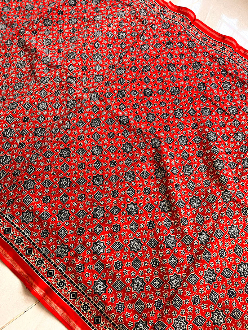 Chanderi Cotton Silk Ajrakh Print Saree - Red