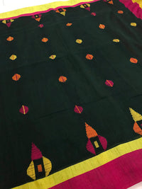 Handloom Khadi Cotton Saree With Woven Design - Bottle Green