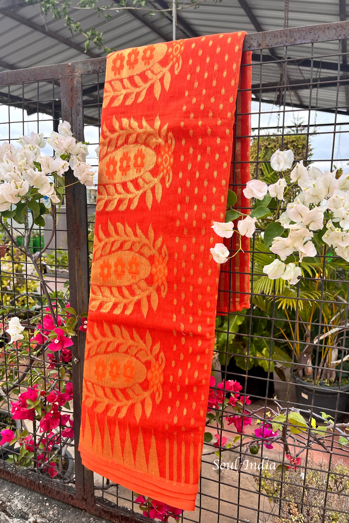 Jamdani Saree with all over Floral work- Orange