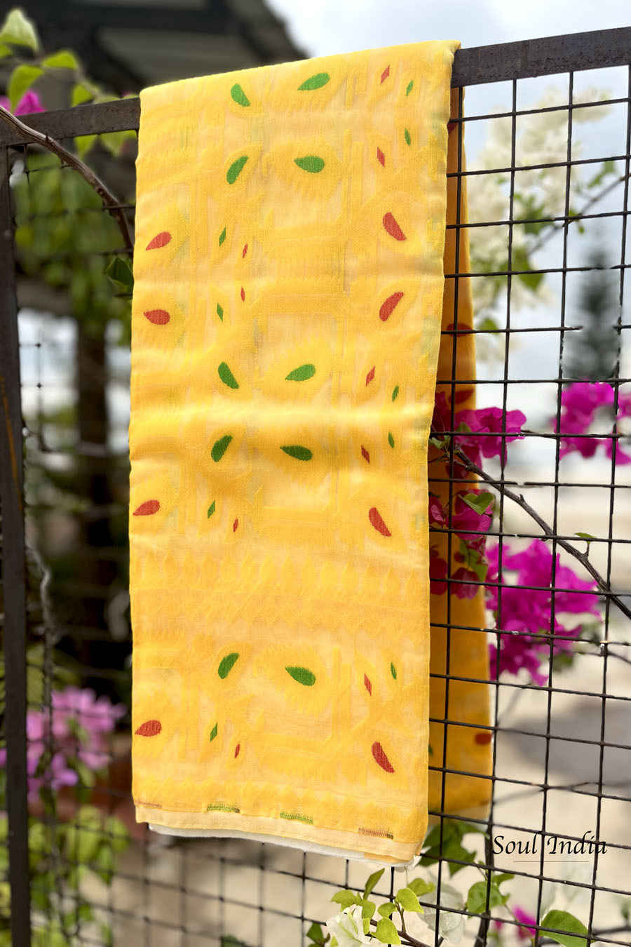 Jamdani Saree with all over Floral work- Yellow