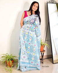 Jamdani Saree with all over Floral work- Blue