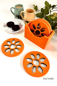 Handcrafted Wooden Coaster Set of 6 - Orange