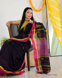 Handloom Khadi Cotton Saree With Woven Design - Black