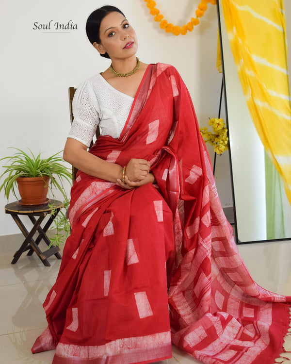 Handloom Cotton Linen Blend Batik Saree - Red