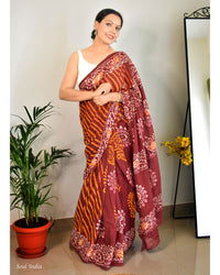 Mulmul Cotton Hand Crack Batik Print Saree - Maroon