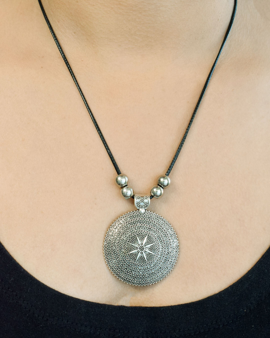 Oxidised Silver Neo Ethnic Pendant Necklace