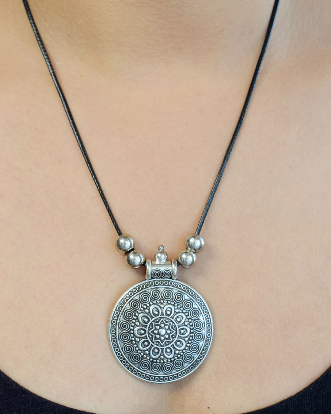 Oxidised Silver Neo Ethnic Pendant Necklace