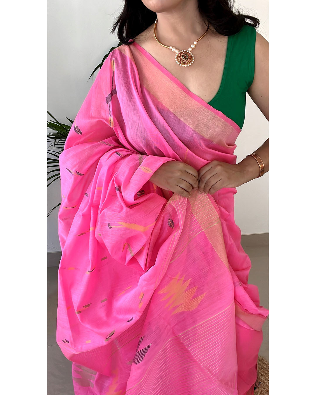 Bengal Silk Cotton With Jamdani Weave - Pink