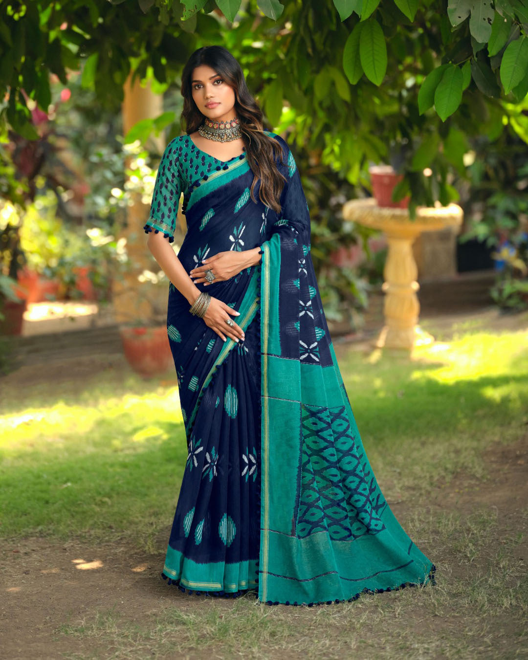 Ikkat Print Cotton Saree With PomPom- Blue