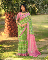 Ikkat Print Cotton Saree With PomPom- Green