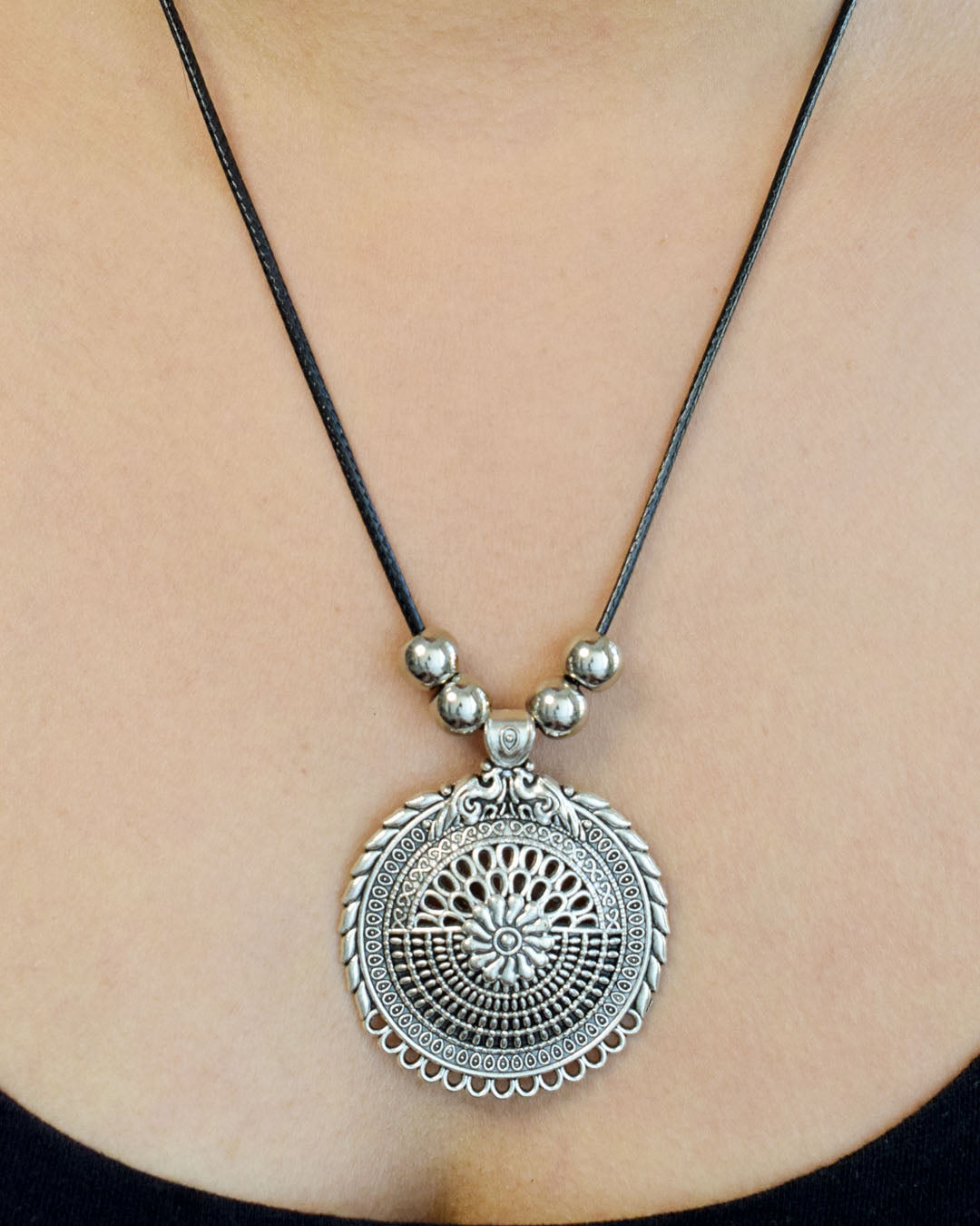 Oxidised Silver Neo Ethnic Pendant Necklace