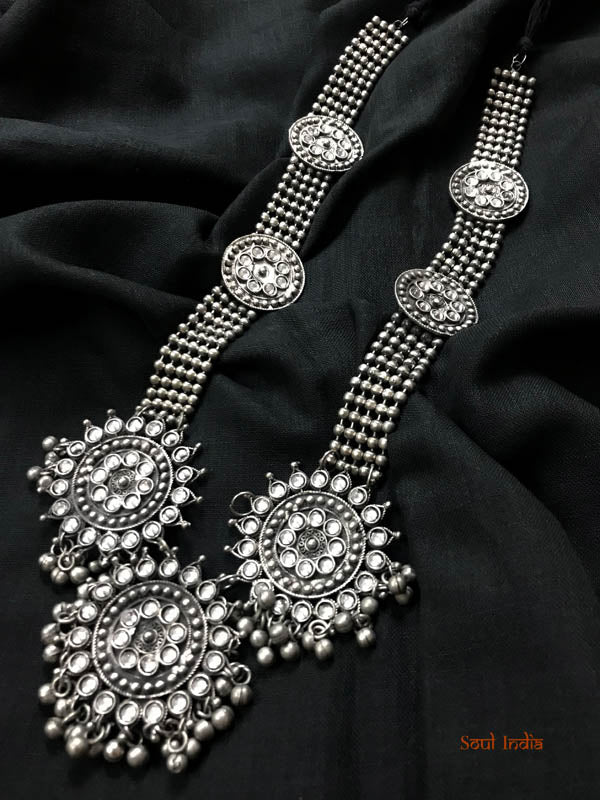 Oxidised Silver Polished Temple Jewellery Necklace With kundan Work