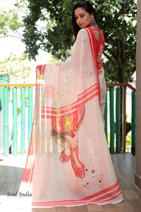 Linen Blend Digital Print Festive Saree- Red & White