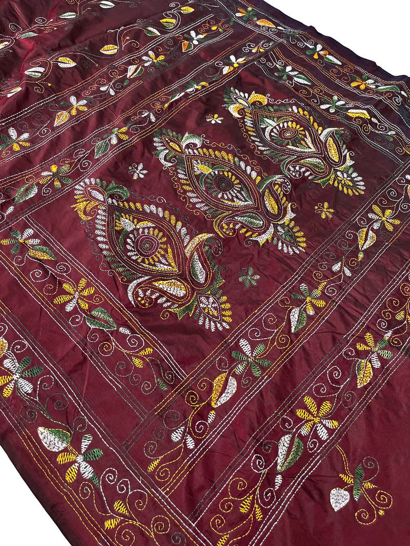 Shantiniketan Hand Embroidery Kantha Stitch Saree - Maroon