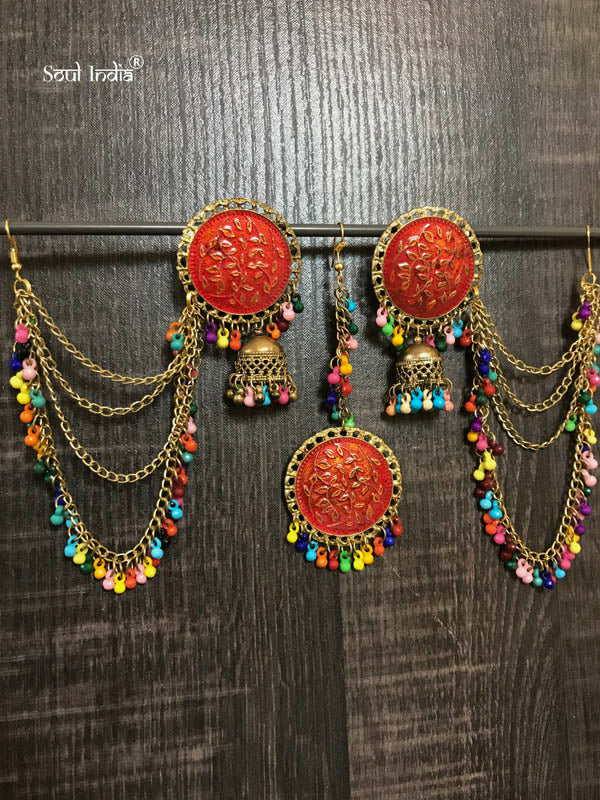 Afghani Metal Earrings With Maangtika - Red