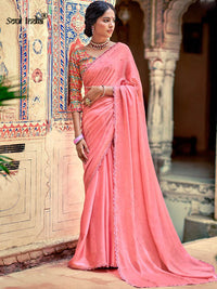 Chiffon Crystal Embellished Saree With Lace-Peachy Pink