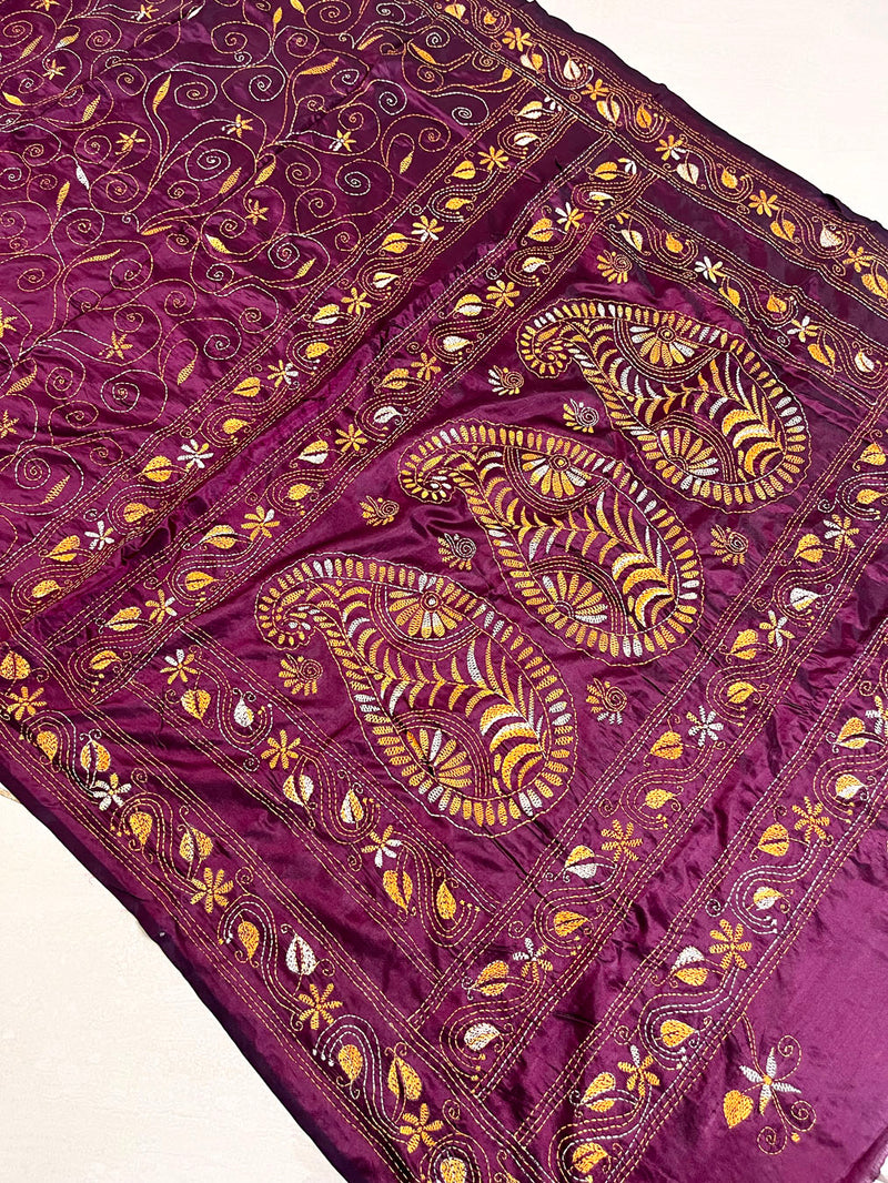 Shantiniketan Hand Embroidery Kantha Stitch Saree - Wine Red