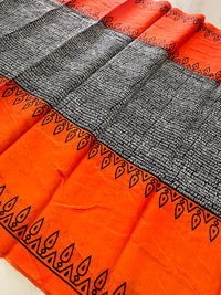 Bhagalpur Soft Silk Saree -Black & Orange