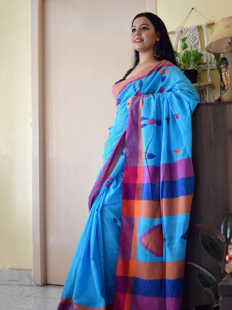 Handloom Khadi Cotton Saree With Woven Design - Blue