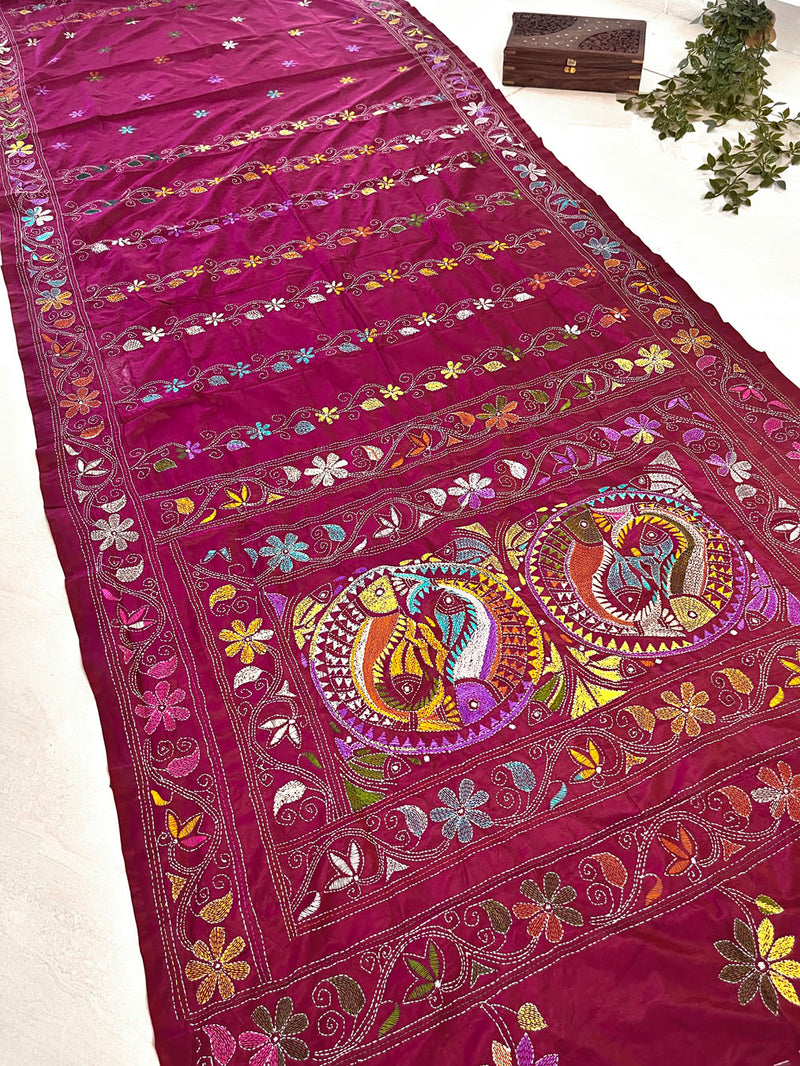 Shantiniketan Hand Embroidery Kantha Stitch Saree - Pink