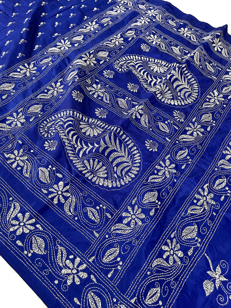 Shantiniketan Hand Embroidery Kantha Stitch Saree - Blue