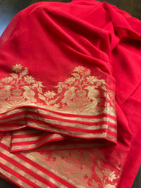 Chiffon Saree With Zari Work Border - Red