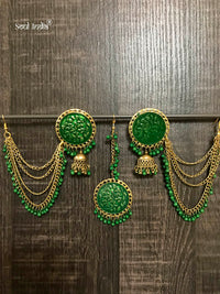 Afghani Metal Earrings With Maangtika - Green