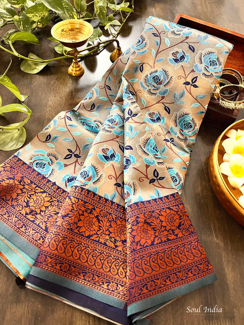 Contemporary Banarasi South Silk With Woven Floral Motifs - Blue