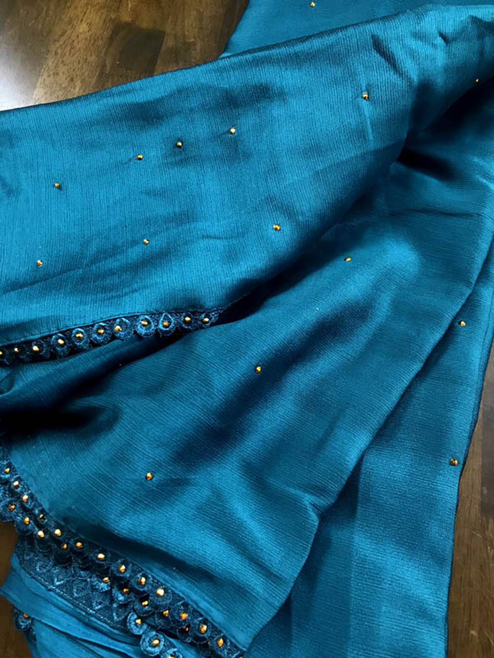 Chiffon Crystal Embellished Saree With Lace -Teal Blue