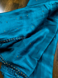 Chiffon Crystal Embellished Saree With Lace -Teal Blue