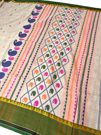 Brownie Points : Handloom Mercerised Cotton Saree With Manipuri Weave- Beige