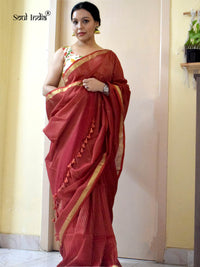 Handloom Mulmul Cotton Saree With Woven Design- Red